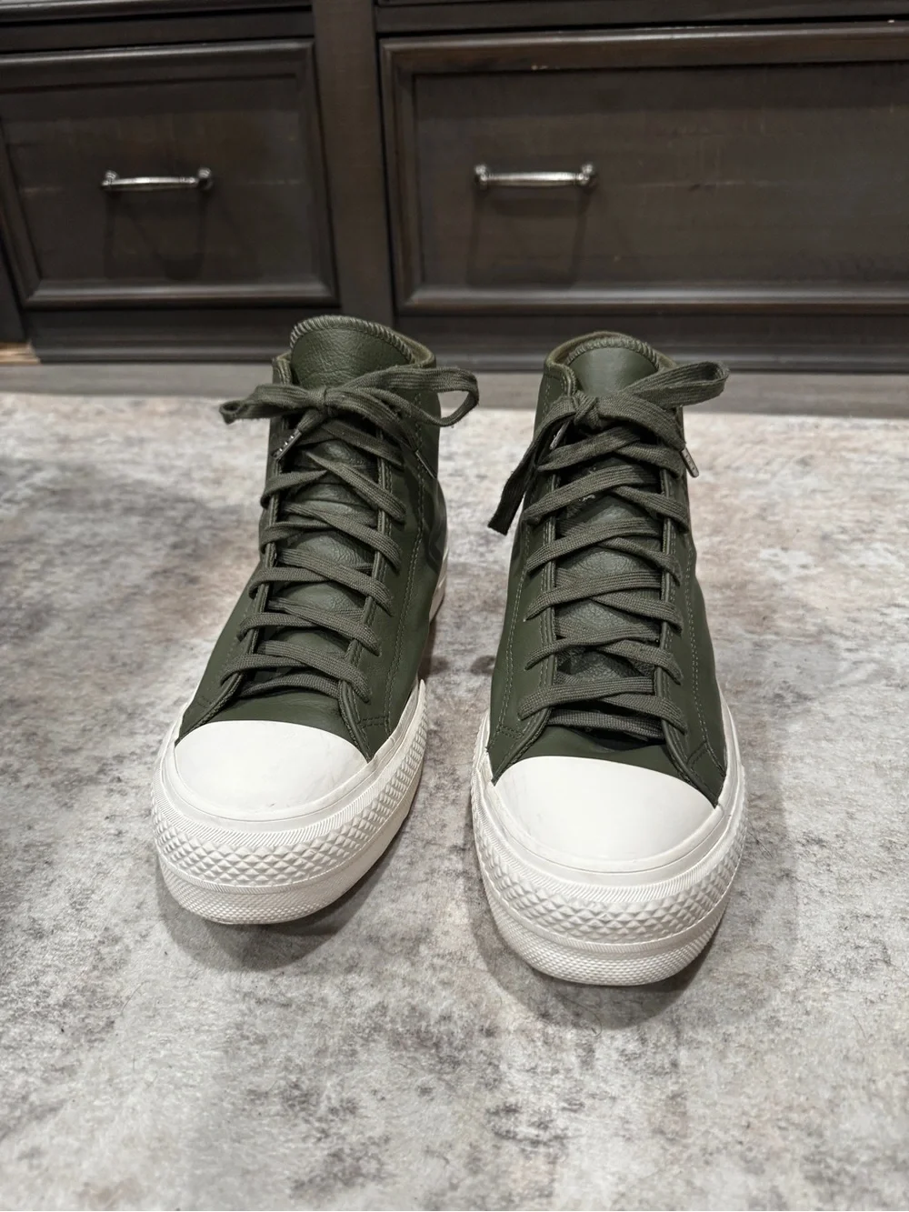 Converse High Top Platform Sneakers in Olive Green and White - Picture 1 of 6